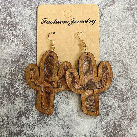 1 Pair Retro Cactus Wood Copper Printing Patchwork Women's Drop Earrings