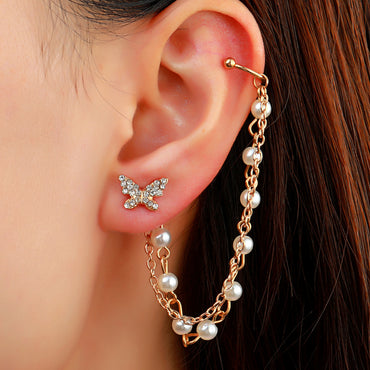 Wholesale Jewelry Butterfly Pearl Chain Long Tassel One-piece Ear Clip Single Gooddiy
