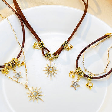Retro Geometric Sun Star Pu Leather Alloy Plating Inlay Rhinestones Women's Bracelets Necklace