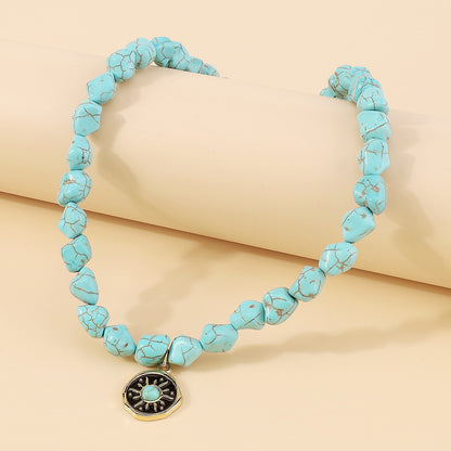 Wholesale Vacation Bohemian Sun Devil's Eye Heart Shape Alloy Turquoise Beaded Inlay Turquoise Pendant Necklace