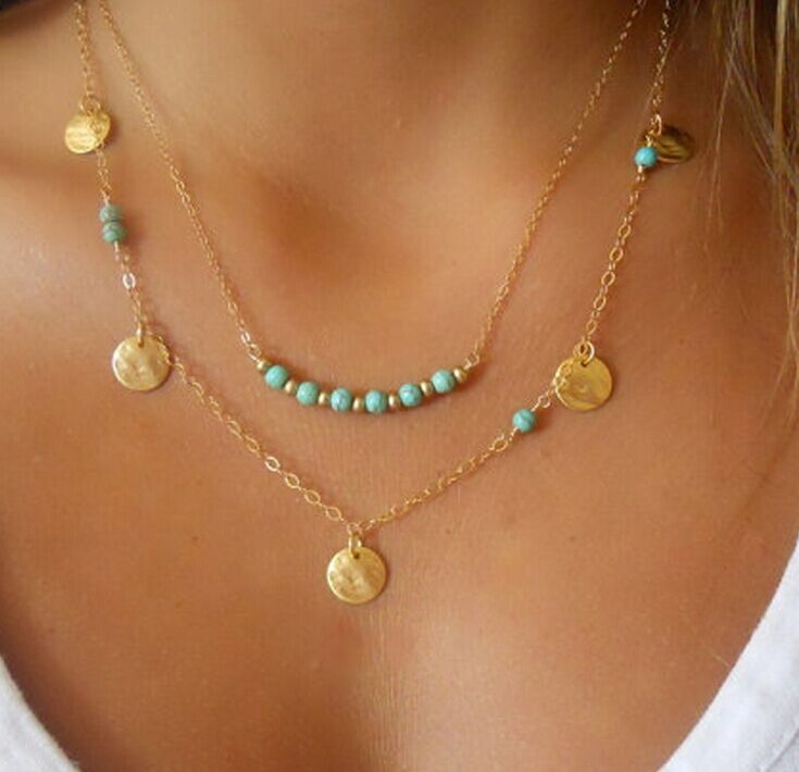European And American Turquoise Clavicle Chain Double Alloy Necklace