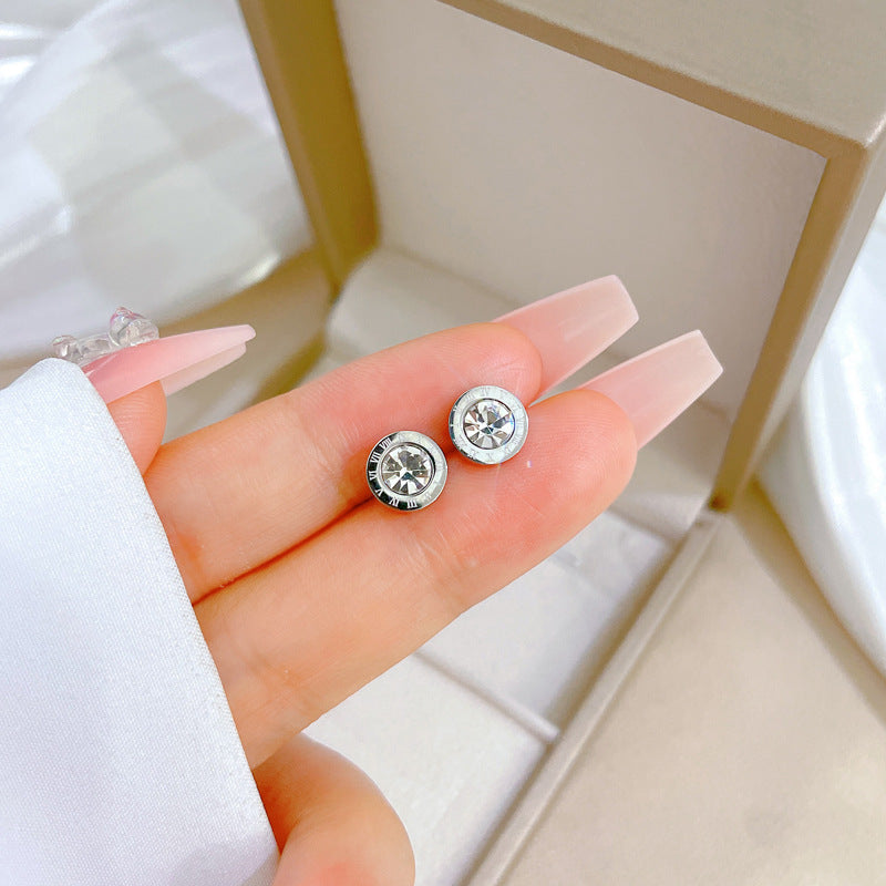 1 Pair Simple Style Round Number Plating Inlay Titanium Steel Zircon Ear Studs