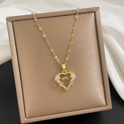 Fashion Heart Shape Titanium Steel Copper Inlay Artificial Diamond Pendant Necklace