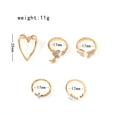 New Style Fashion Cross Triangle Love Heart Hollow Full Diamond Dripping Butterfly Ring 5-piece Set