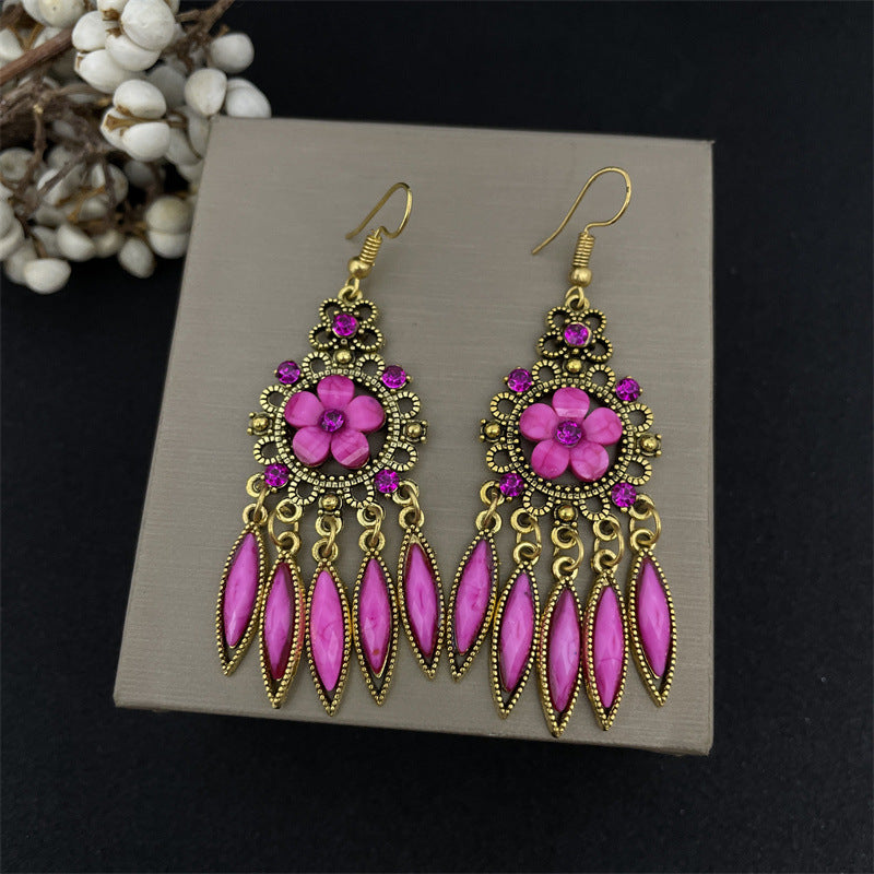 Vacation Bohemian Water Droplets Flower Alloy Beaded Tassel Inlay Rhinestones Women's Drop Earrings