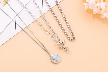 Europe And America Cross Border E-commerce Sweater Chain Personalized Retro Avatar Pendant Three-layer Necklace Trendy Round Beads Ot Buckle Necklace