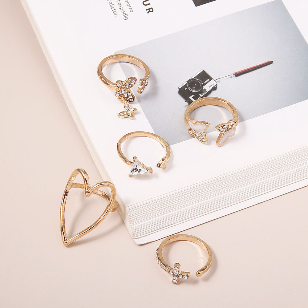 New Style Fashion Cross Triangle Love Heart Hollow Full Diamond Dripping Butterfly Ring 5-piece Set