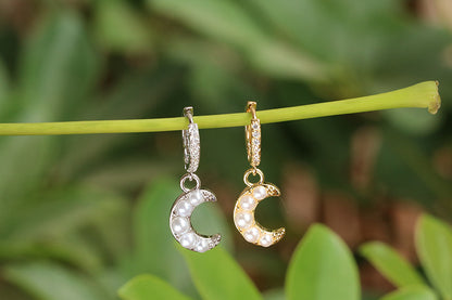 Korean Moon Pearl Crescent Micro-inlaid Zircon Earrings Wholesale