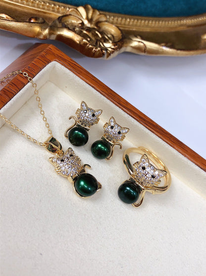 Simple Style Cat Copper Inlay Zircon Jewelry Set
