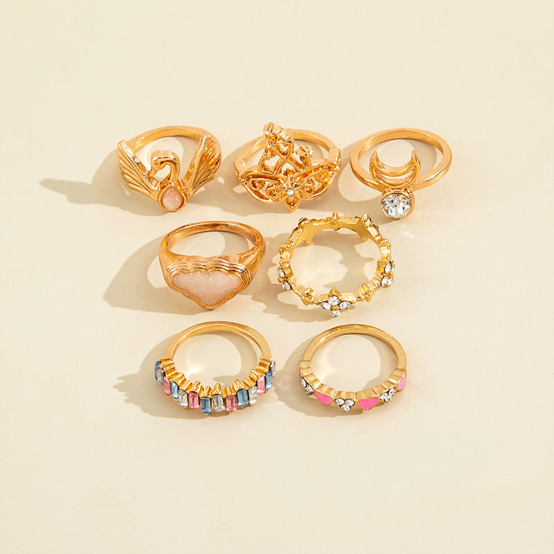 Fashion Personality Moon Diamond Love Drip Oil Ring Seven-piece Set