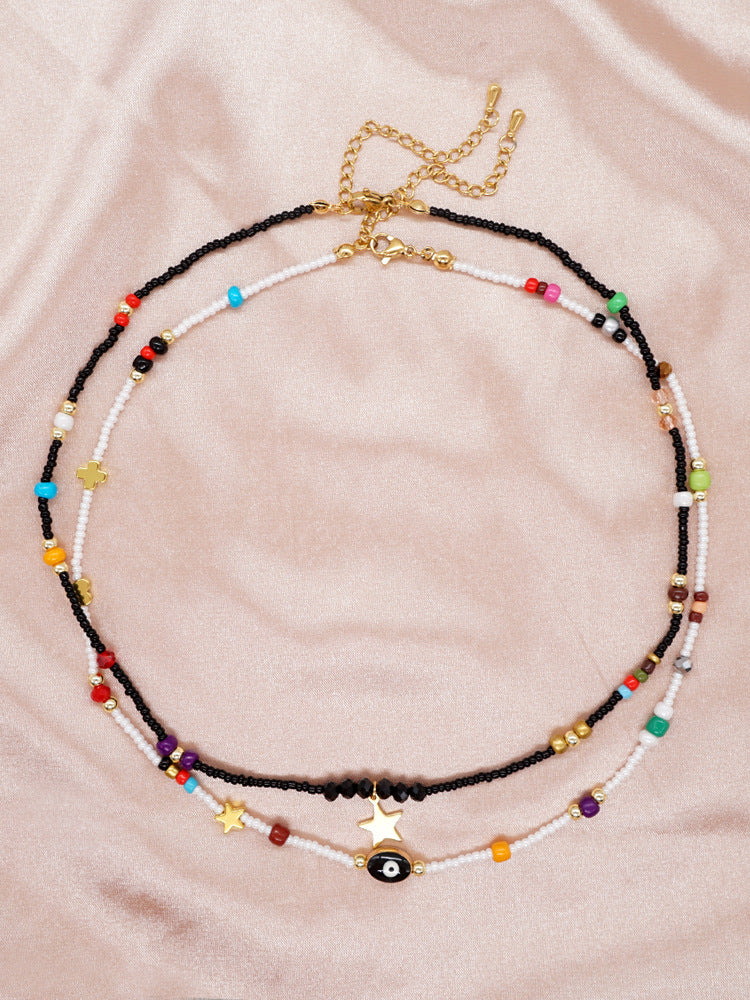 Ethnic Style Star Eye Glass Beaded Necklace