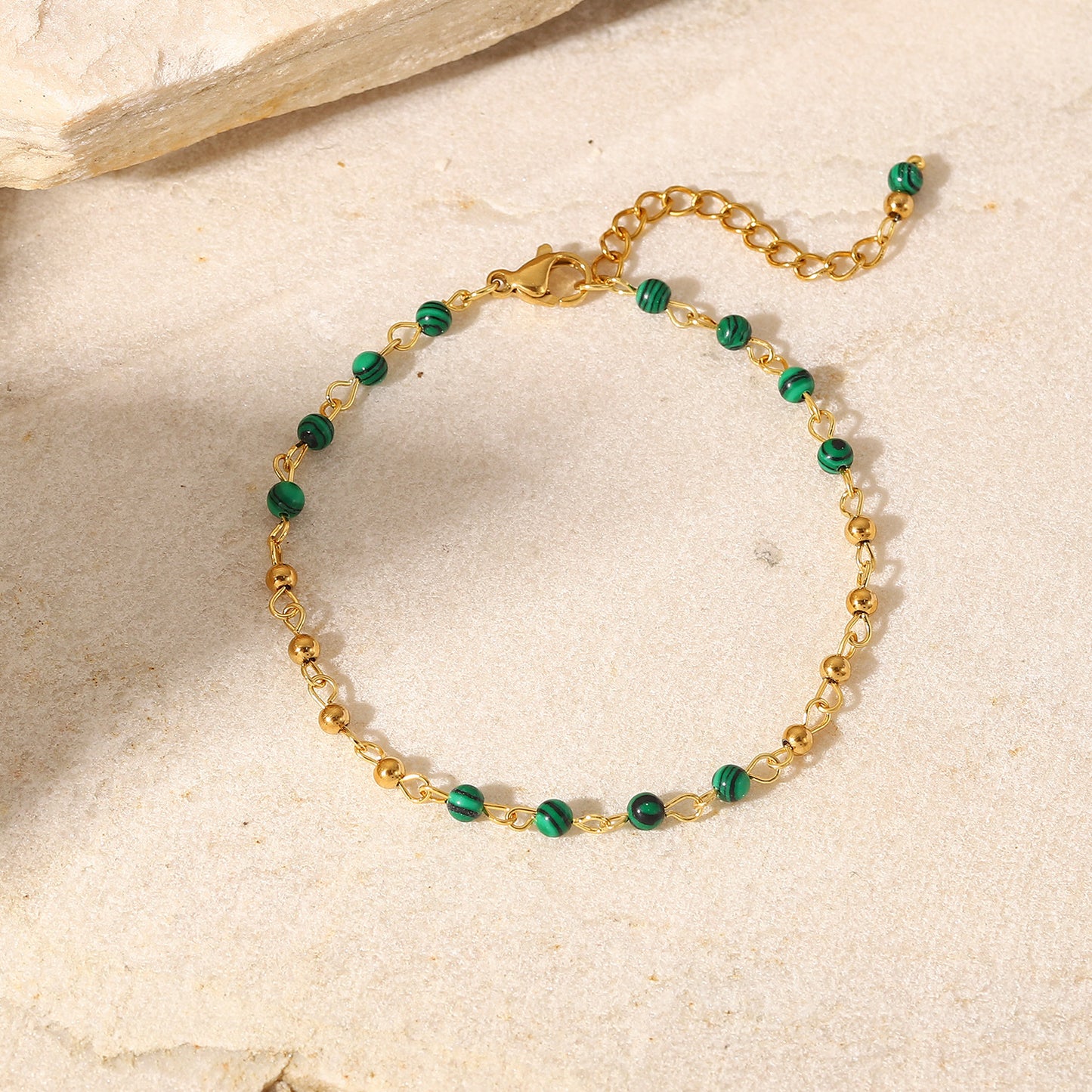 Women's Fashion Green Malachite Round Beads 18k Gold Geometric Stainless Steel Bracelet