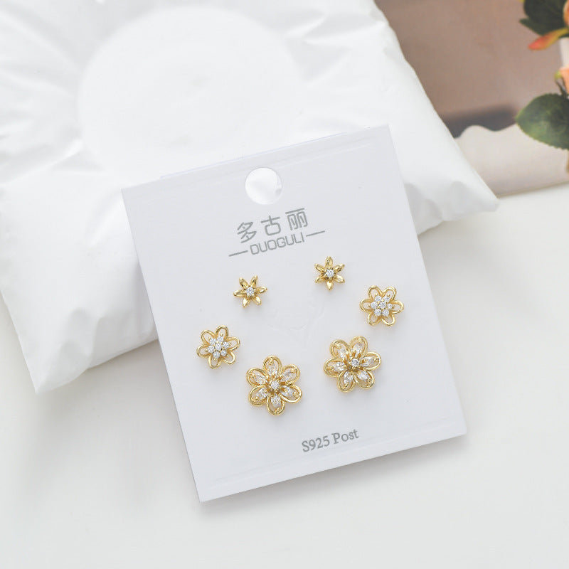 1 Set Sweet Flower Plating Inlay Copper Zircon Ear Studs