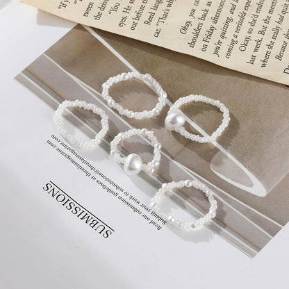 Creative Retro Simple White Rice Bead Ring White Pearl Ring 5-piece Set