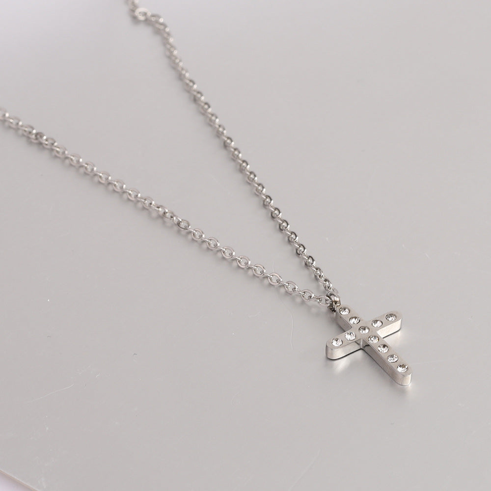 Punk Cool Style Cross Stainless Steel Titanium Steel Inlay Artificial Diamond Pendant Necklace