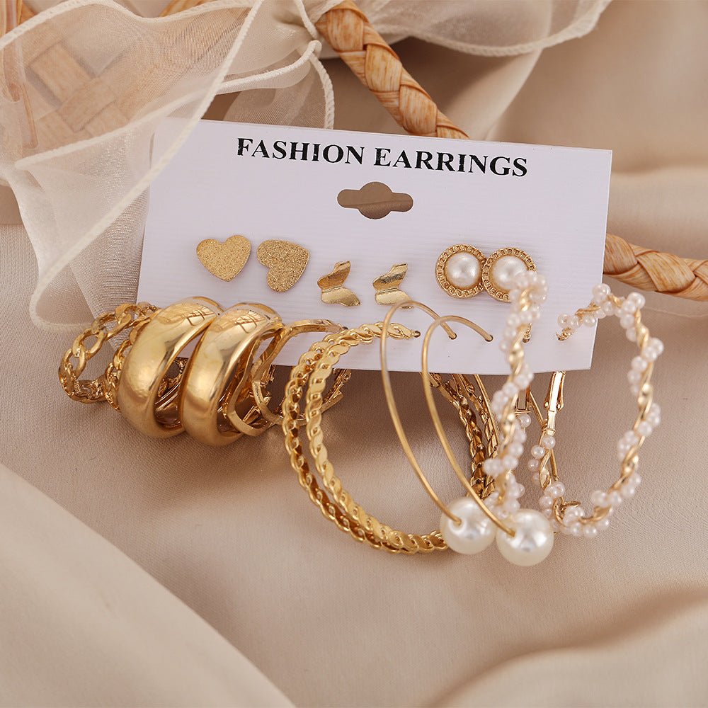 New Earrings Set Creative Simple Earrings Set 9 Pairs Of Butterfly Peach Heart Pearl Earrings