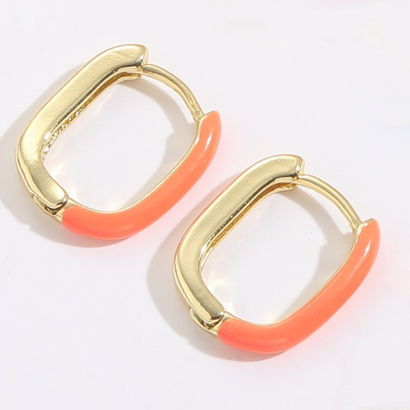 AliExpress hot selling French U-shaped oval drip oil earrings, copper-plated 14K real gold, exquisite, simple and light luxury earrings jewelry