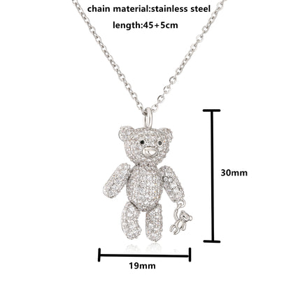 Full Diamond Bear Copper Necklace Micro Inlaid Zircon Cute Bear With Little Bear Pendant Necklace