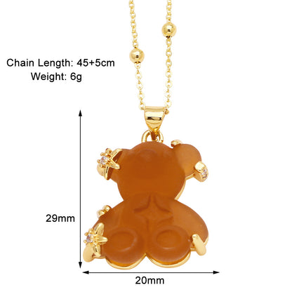 Copper Gold Plated Cute Simple Style Bear Inlay Resin Zircon Pendant Necklace