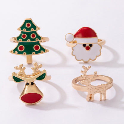 European And American Cross-border New Christmas Oil Drop Ring Four-piece Set Of Elk Geometric Ring Set