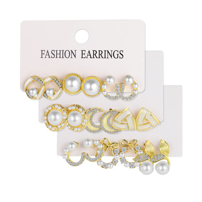 3 Pairs Fashion Geometric Alloy Plating Artificial Pearls Rhinestones Women's Earrings