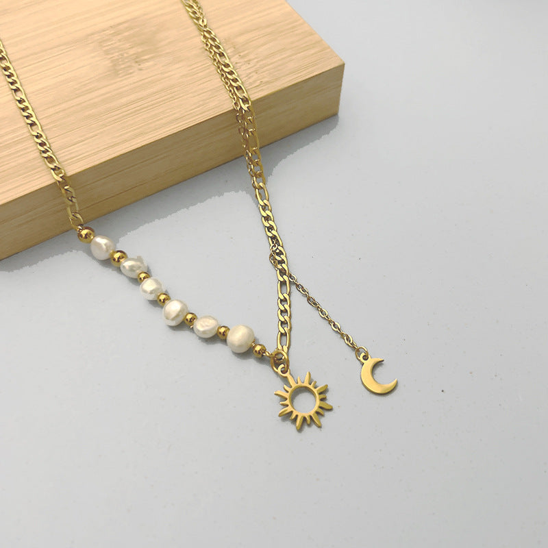 Fashion Sun Moon Stainless Steel Titanium Steel Pearl Plating Hollow Out Pendant Necklace 1 Piece