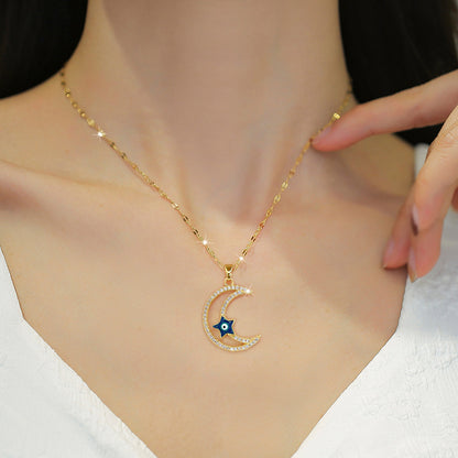 Fashion Moon Titanium Steel Copper Inlay Zircon Pendant Necklace