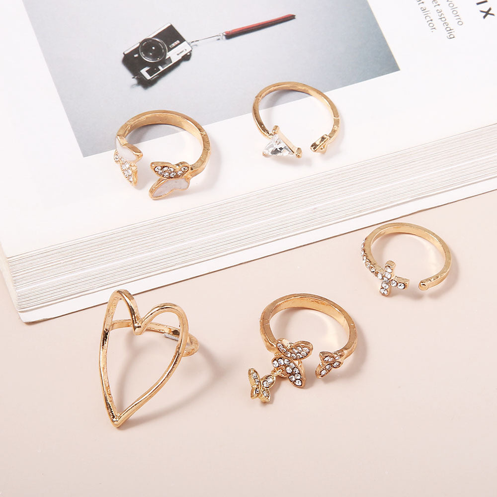 New Style Fashion Cross Triangle Love Heart Hollow Full Diamond Dripping Butterfly Ring 5-piece Set