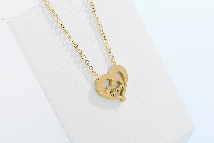 Titanium Steel Gold Double Heart Shaped Letter Mom Pendant Necklace