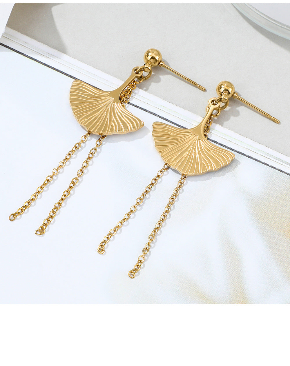 New Stainless Steel Fan-shaped Tassel Earrings Fashion Golden Leaf Long Earrings