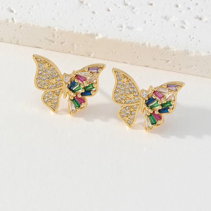 1 Pair Simple Style Flower Butterfly Plating Inlay Copper Zircon Ear Studs