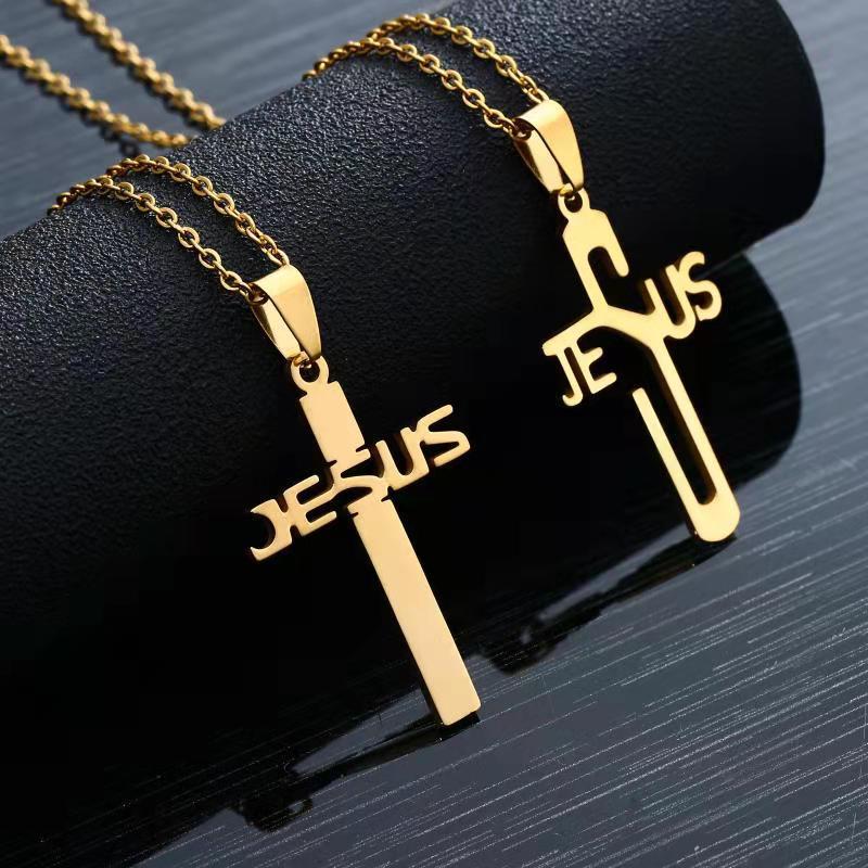 Casual Simple Style Cross Letter Stainless Steel Plating Hollow Out 18k Gold Plated Pendant Necklace Long Necklace