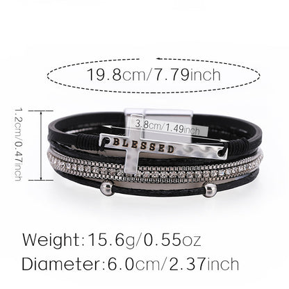 Fashion Cross Fine Diamond Leather Magnetic Buckle Multicolor Bracelet