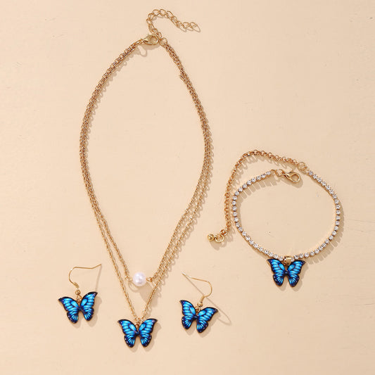 Butterfly Pendant Set 3-piece Creative Earrings Necklace Bracelet Alloy Combination Set