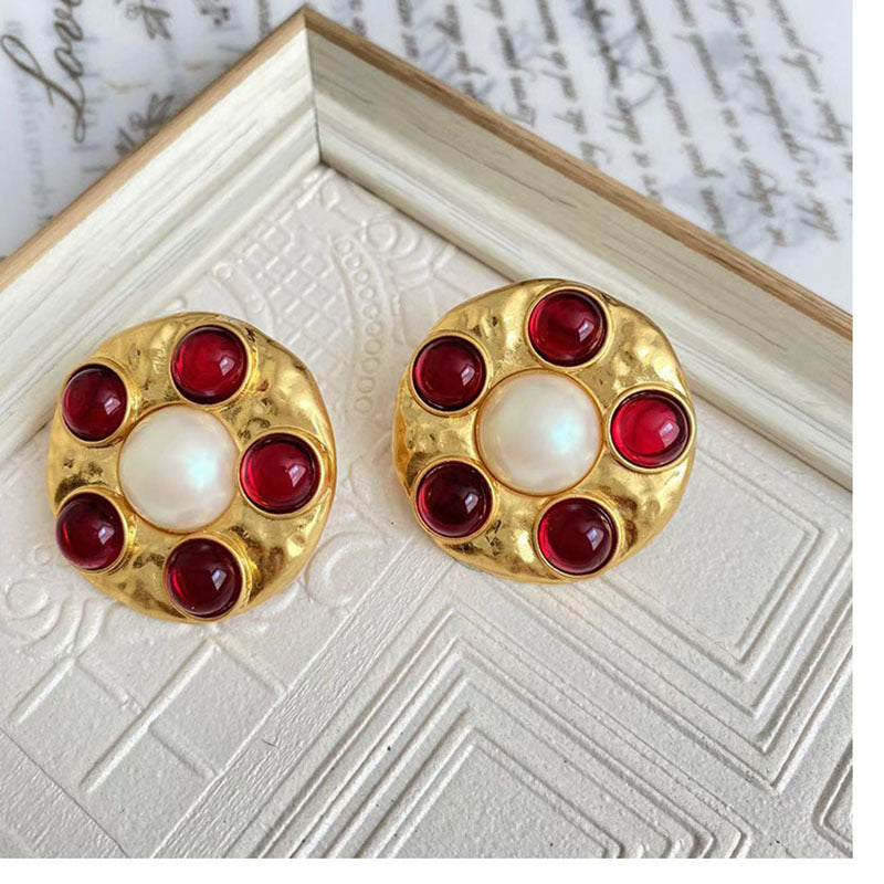 Retro Round Alloy Plating Inlay Glass Pearl Women's Ear Studs 1 Pair