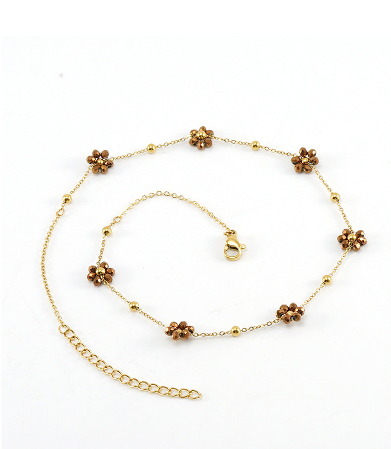 Wholesale Fashion Flower Artificial Crystal Titanium Steel Beaded Plating 18k Gold Plated Bracelets Necklace