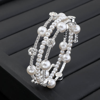 Fashion Rhinestone Pearl Multi-layer Winding Bracelet