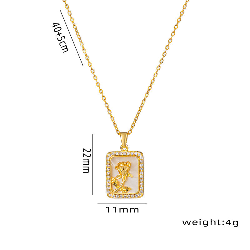 Titanium Steel Simple Style Rose Rectangle Plating Inlay Shell Zircon Pendant Necklace