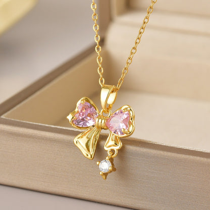 Wholesale Jewelry Simple Style Heart Shape Flower Butterfly Titanium Steel Gem Irregular Plating Pendant Necklace