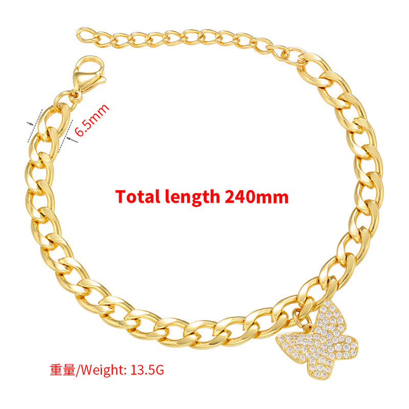 Fashion Bead Buckle Micro-set Zircon Butterfly Key Lock Pendant Copper Bracelet