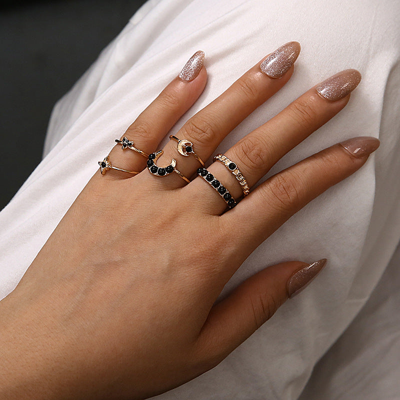 Cross-border New Ring Set Fashion Black Gemstone Star Moon 6-piece Set Joint Ring Finger Ring