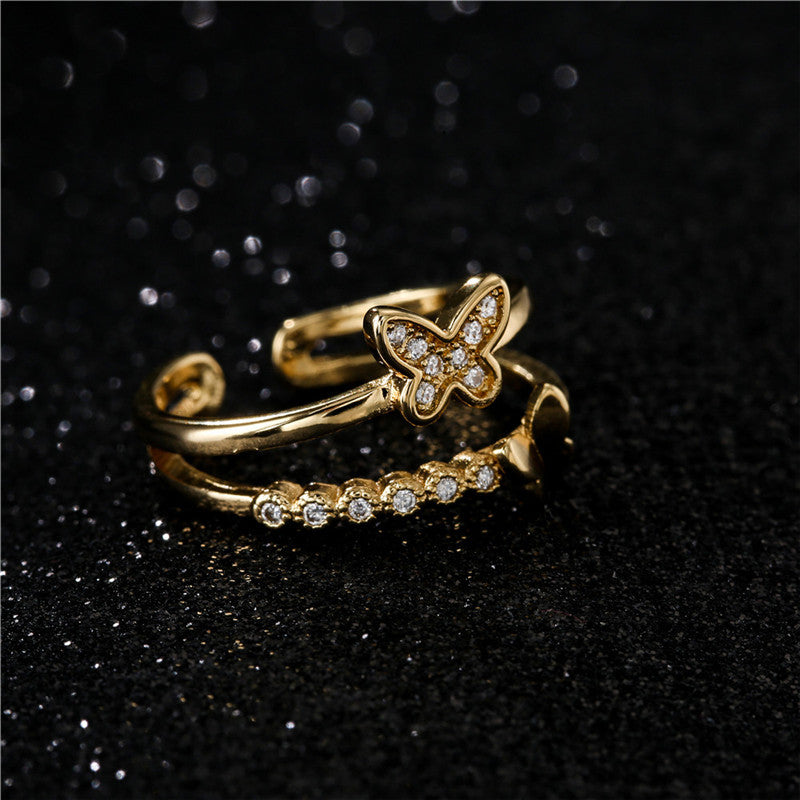 Simple Double-layer Butterfly Gold-plated Micro-inlaid Zircon Ring