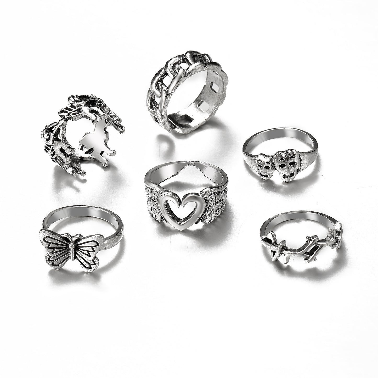 Creative Hollow Heart Shaped Butterfly Ring Set Six-piece Set