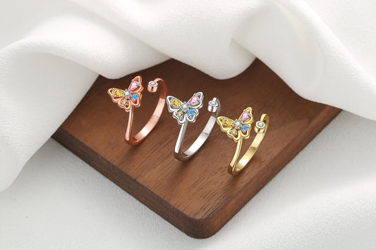 1 Piece Retro Butterfly Copper Inlay Zircon Open Ring