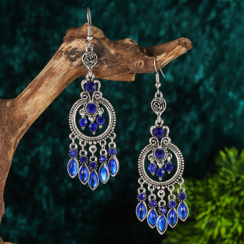 1 Pair Ethnic Style Round Water Droplets Alloy Tassel Rhinestones Women's Chandelier Earrings