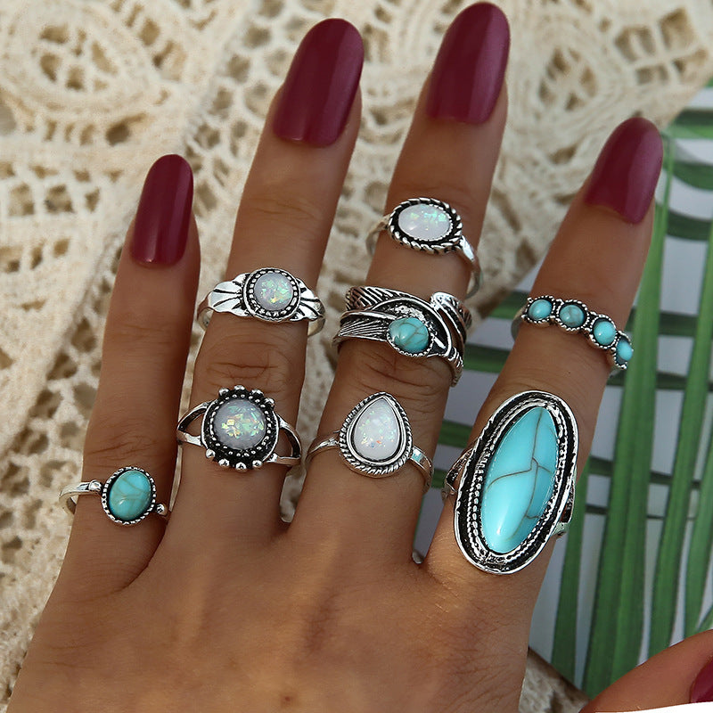 Retro Inlaid Turquoise Carved Feather Alloy Ring 8-piece Set