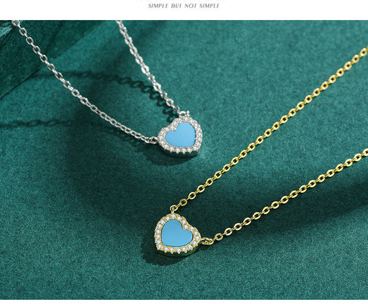 Fashion Heart Shape Silver Plating Inlay Turquoise Zircon Necklace 1 Piece