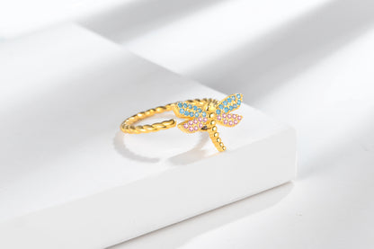 Wholesale Simple Style Shiny Dragonfly Copper Plating Inlay Zircon Open Rings Anxiety Ring