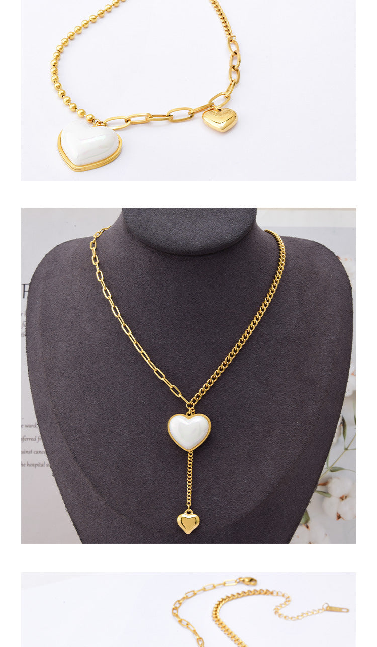 Fashion Heart Shape Titanium Steel Necklace Inlay Artificial Pearls Stainless Steel Necklaces 1 Piece