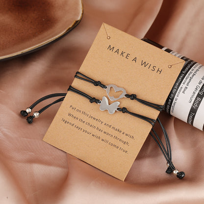 2021 New Europe And America Cross Border Women's Jewelry Girlfriends Couple Stainless Steel Hollow Butterfly Woven Bracelet 2-piece Set